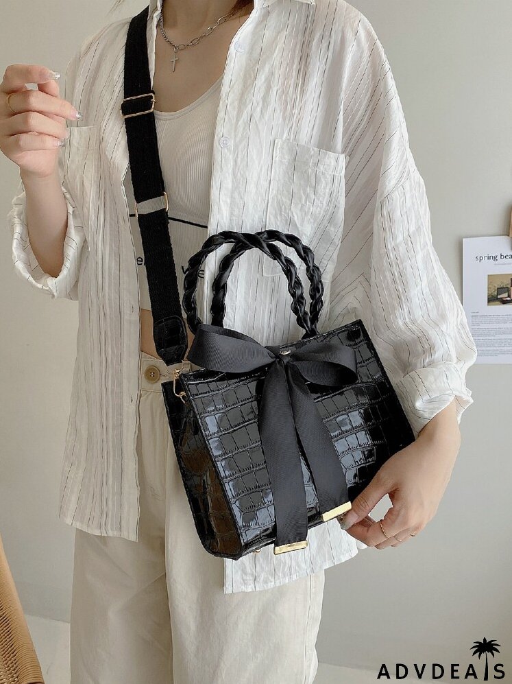 Bow Decor Croc Embossed Satchel Bag