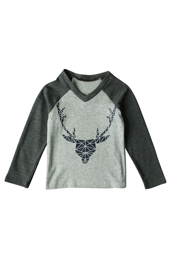 Long Sleeve Color Block Reindeer Print Kids Boys Christmas T Shirt Gray-elleschic