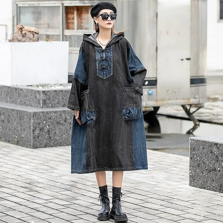 Street Loose Hooded Contrast Color Denim Patchwork Pockets Long Sleeve Dress
