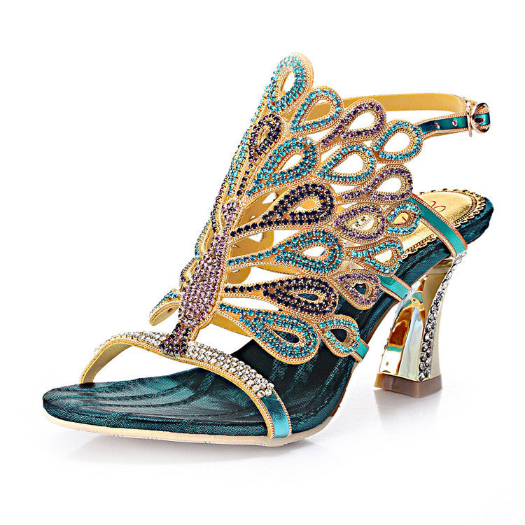Women's luxury blue gold rhinestone peacock dressy high heels summer party heels