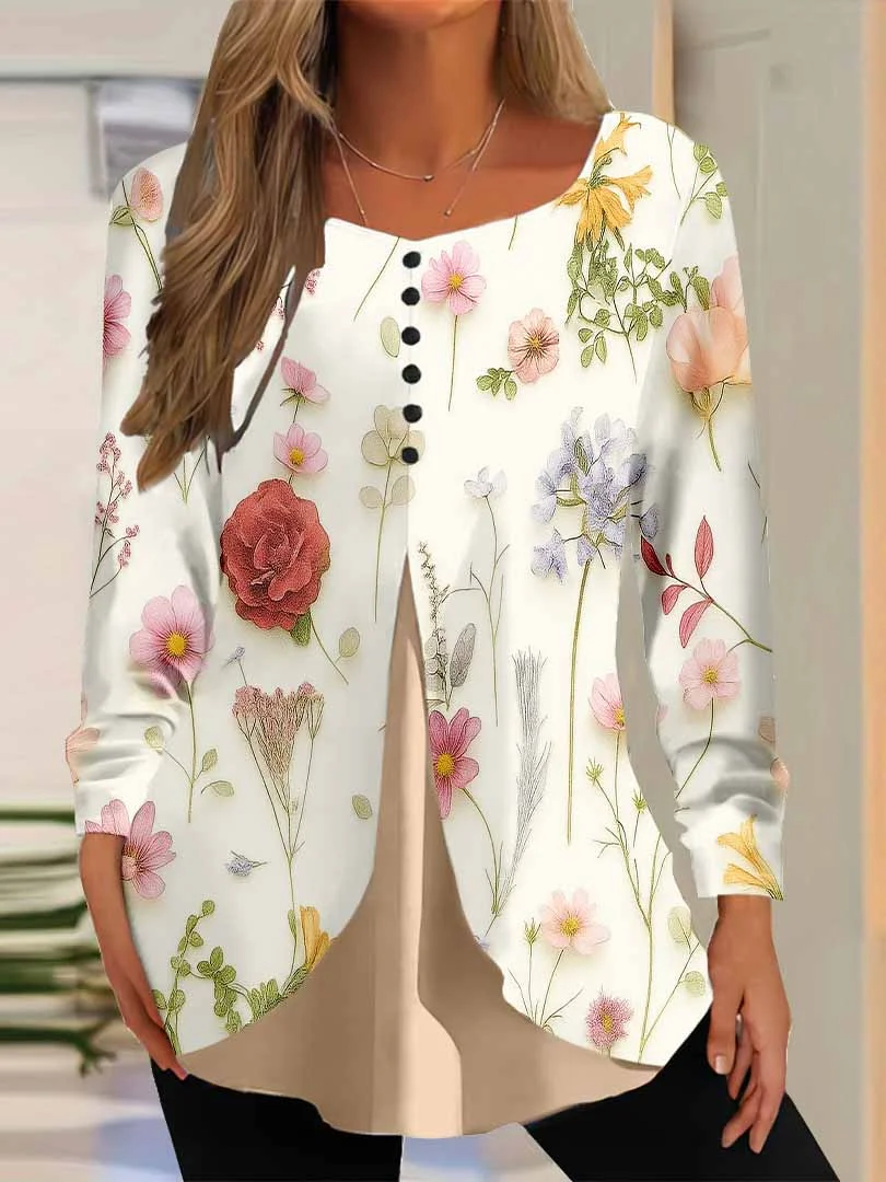 Women Floral,Apricot DZGG8364 Long Sleeve Scoop Neck Printed Graphic Button Fake 2in1 Tops