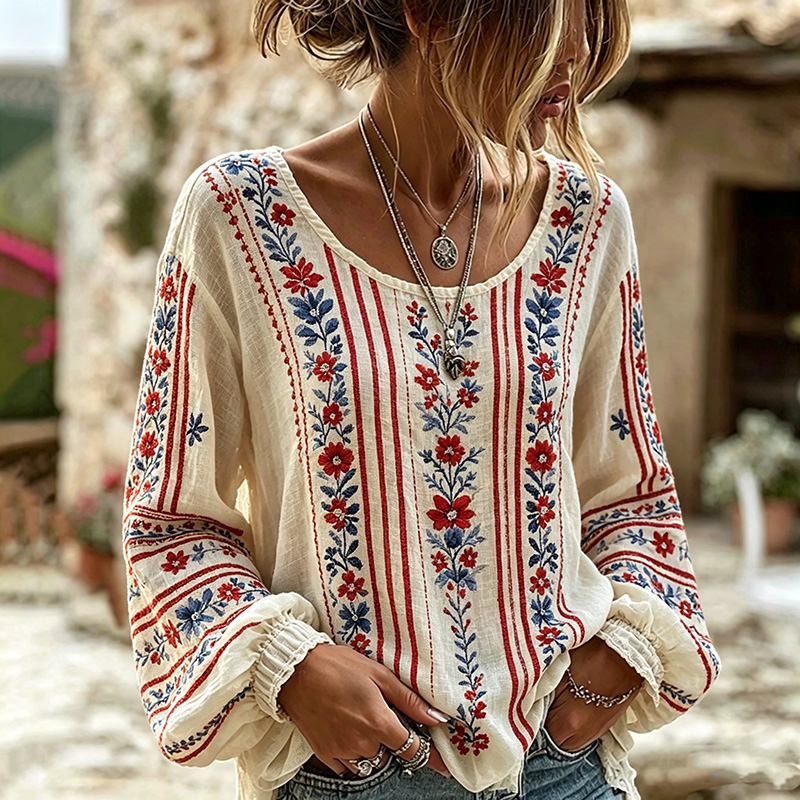 Comstylish Women's Vintage Boho Floral Art Print Linen Blend T-shirt