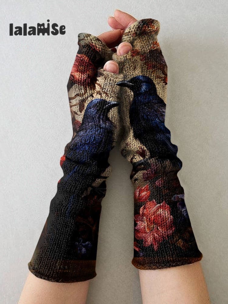 Women’s Halloween Raven Print Fingerless Mitts Black / One - Size