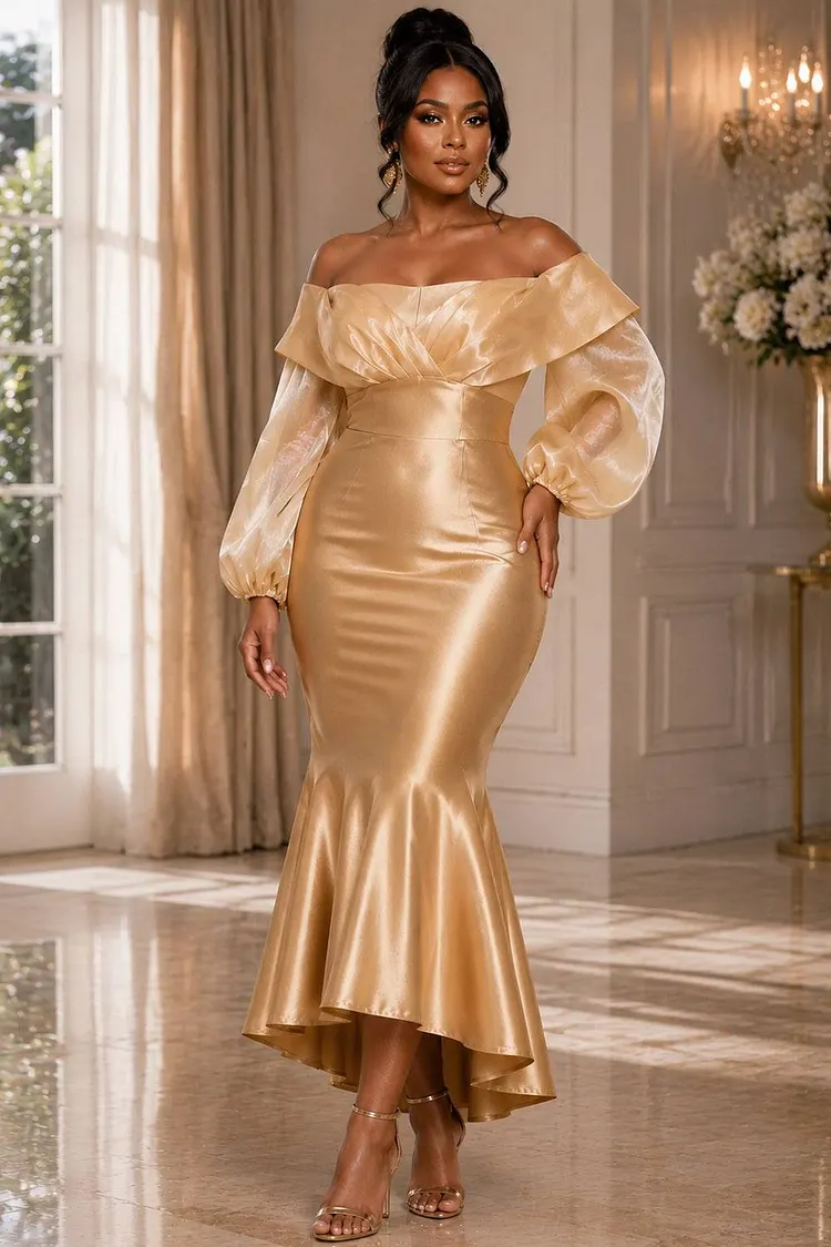 Xpluswear Design Plus Size Cocktail Party Satin Gold Off The Shoulder Lantern Sleeve Long Sleeve Bodycon Mermaid Organza Midi Dresses [Pre-Order] 2024 - Xpluswear