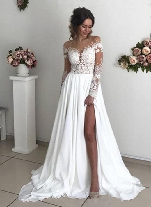 Bellasprom Modest Long Split Wedding Dress With Chiffon Lace Long Sleeves