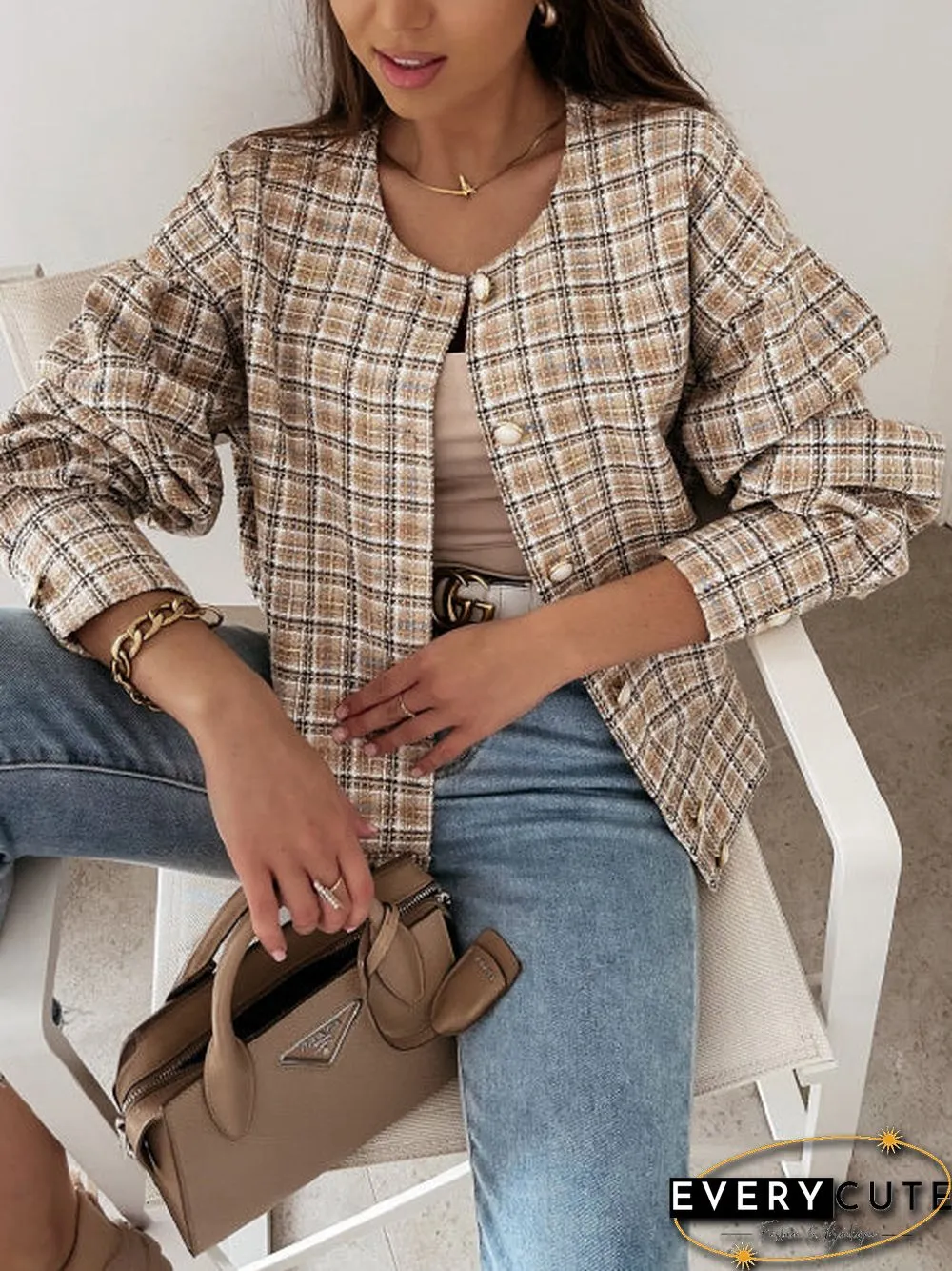 Round Neck Plaid Button Down Blouse Top