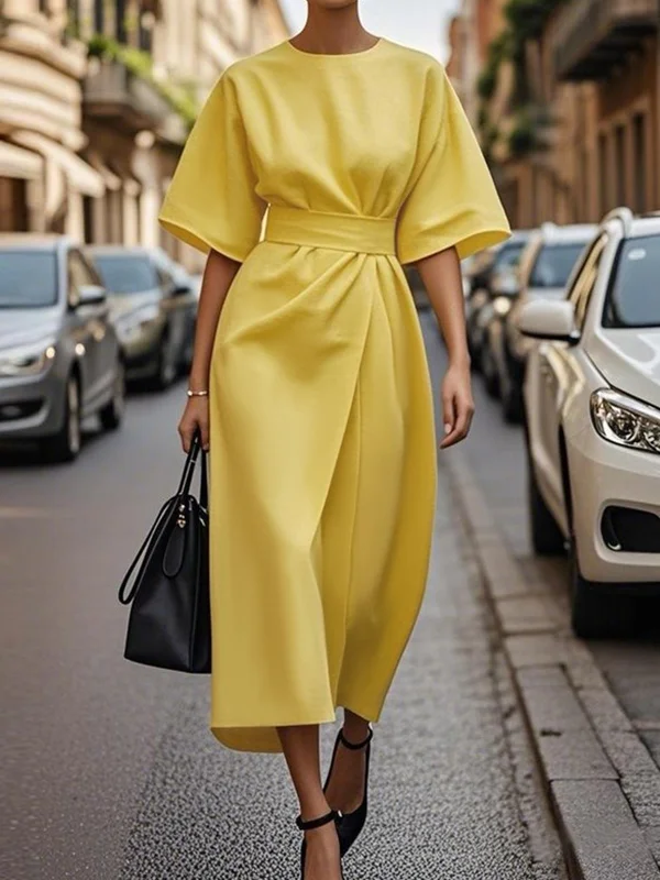 Split-Joint Solid Color Pleated Short Sleeves Loose Round-Neck Midi Dresses