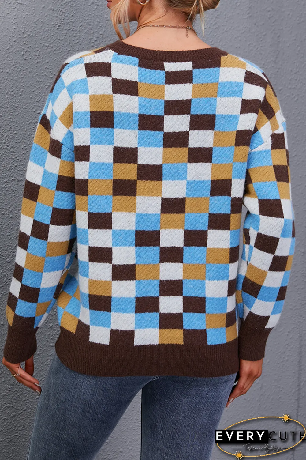 Casual Plaid Split Joint O Neck Tops