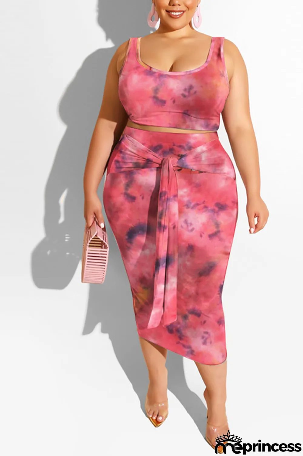 purple Polyester Sexy Slip Print Belt Tie Dye Plus Size