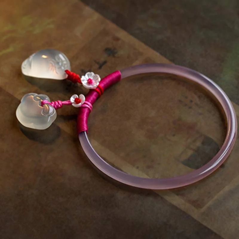 Natural Chalcedony Green Aventurine Lotus Bell Blessing Bracelet Bangle