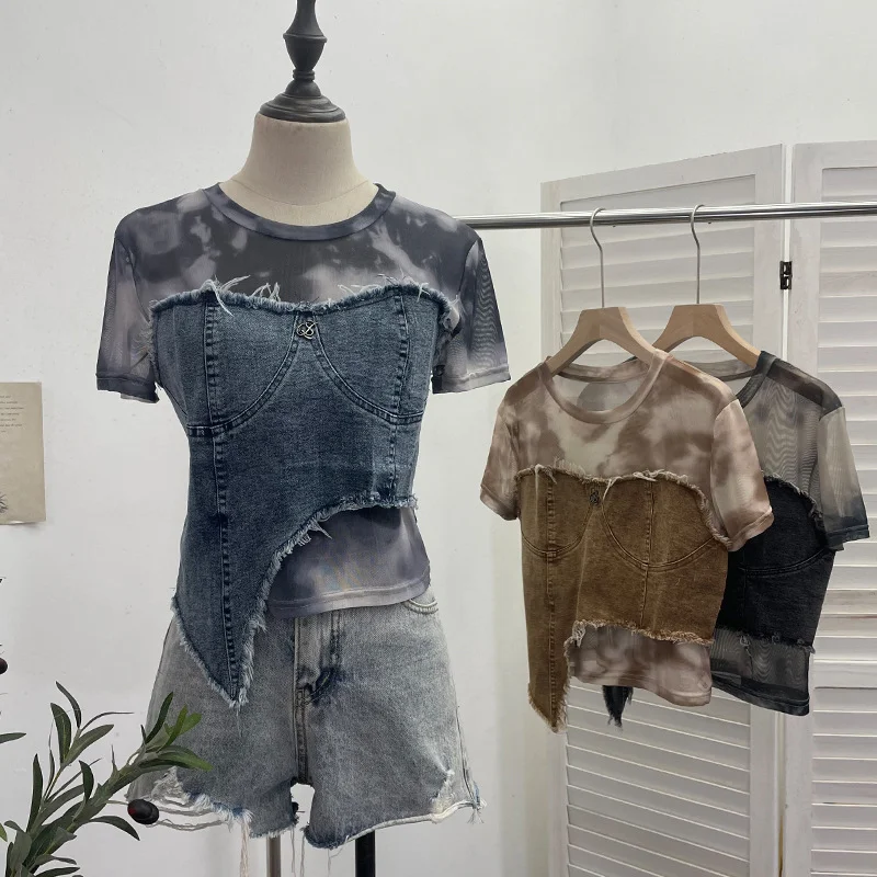 Uveng Real Shooting Of The Edge Of The Denim Splicing Tie Dye Mesh Repair Irregular Two Short-Sleeved Top T-Shirt 26171