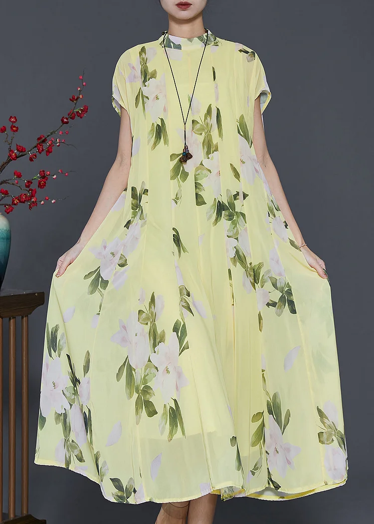 Beautiful Grass Green Print Chiffon Long Dress Summer
