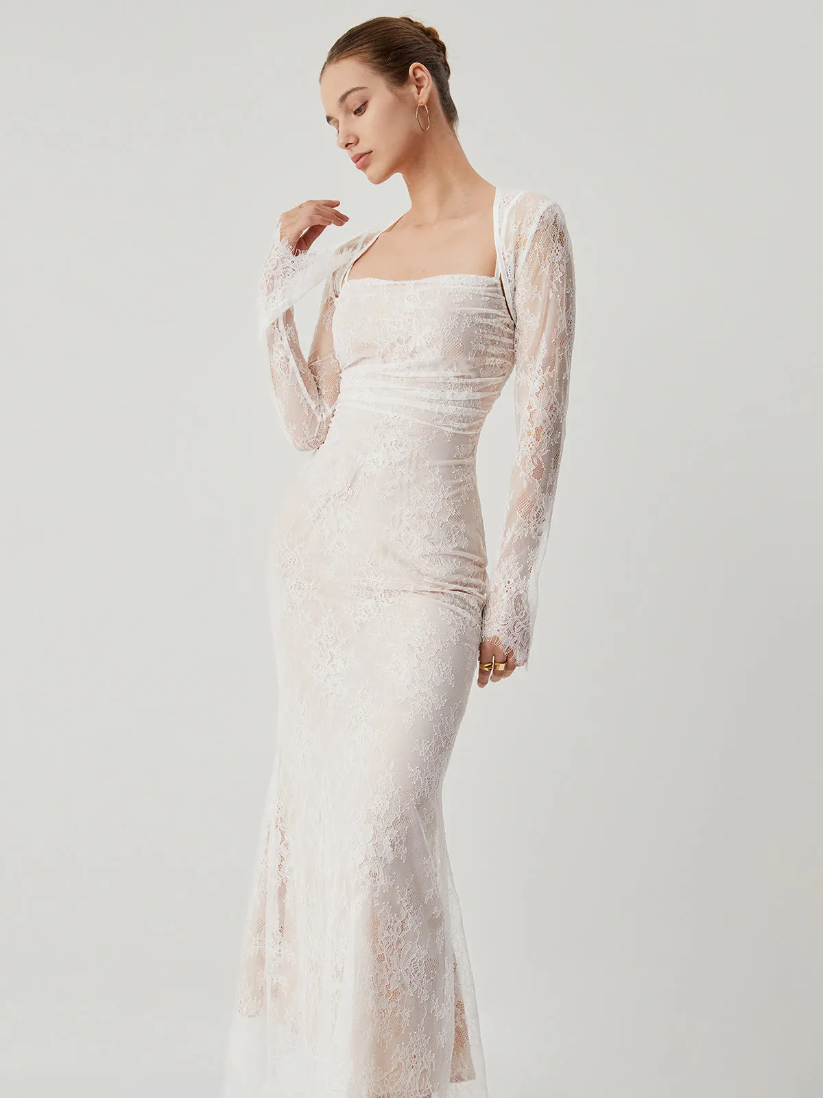 Lace Jacquard Floral Semi-sheer Tied Maxi Dress