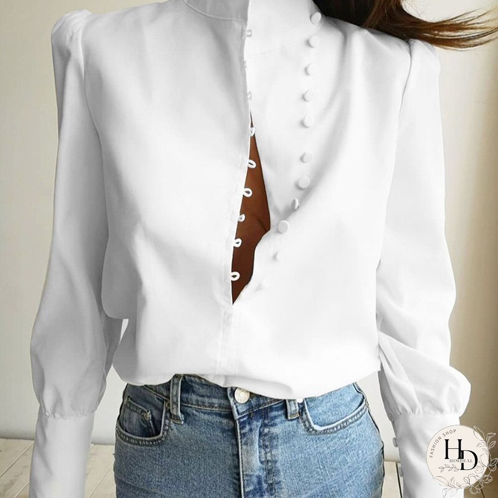 Elegant Turtleneck Blouse Long Sleeve White Shirt Office Ladies Top Casual Solid Single-Breasted Puff Sleeve Womens Blouses