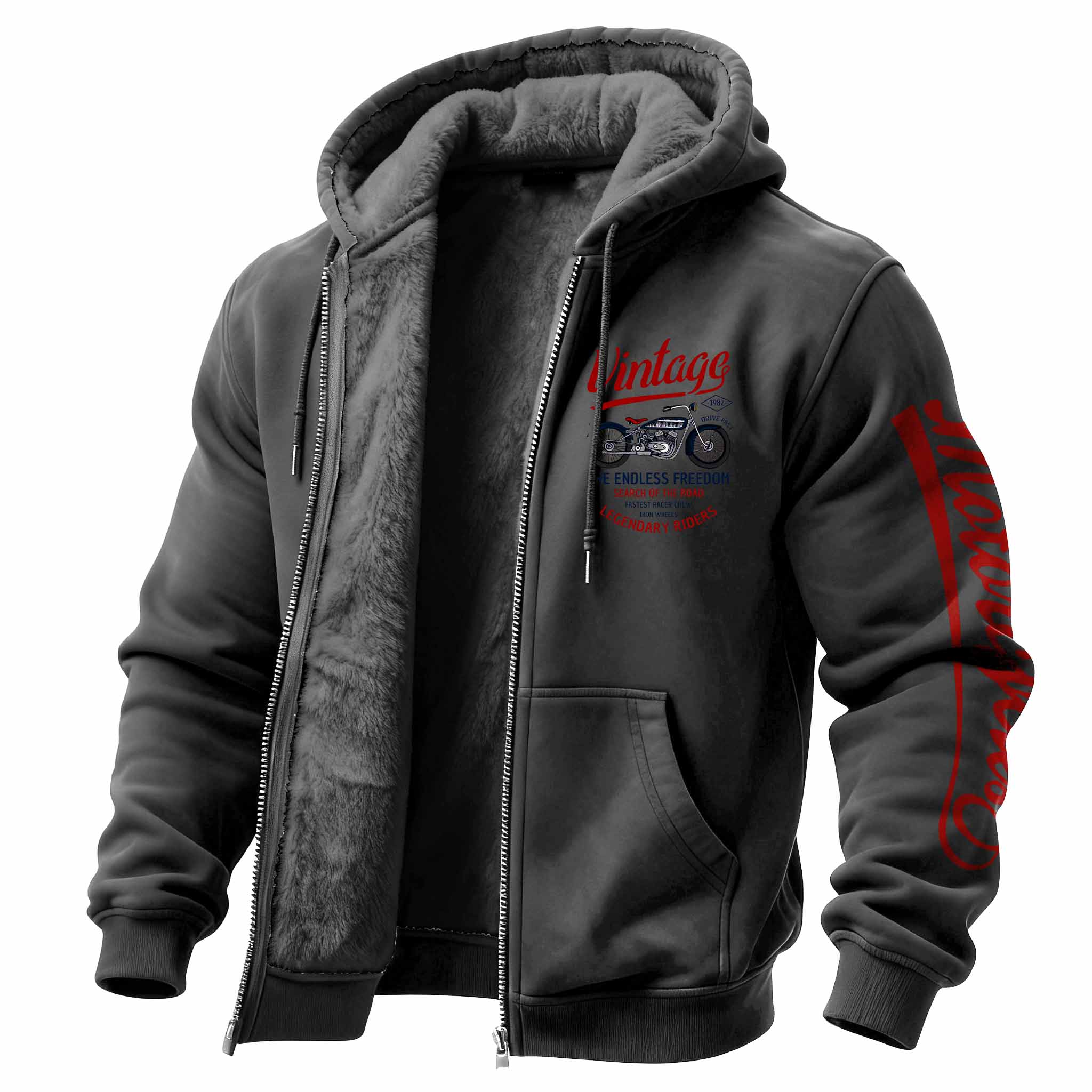 Men's Vintage Motorcycle Fleece Pocket Full Zip Long Sleeve Hoodie Jacket