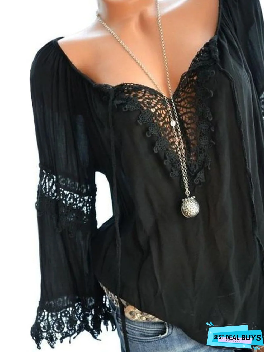 Women's Plus Size Blouse Shirt Color Block Geometric Sexy Long Sleeve Lace Fashion Hollow V Neck Tops Basic Top White Black Red-804