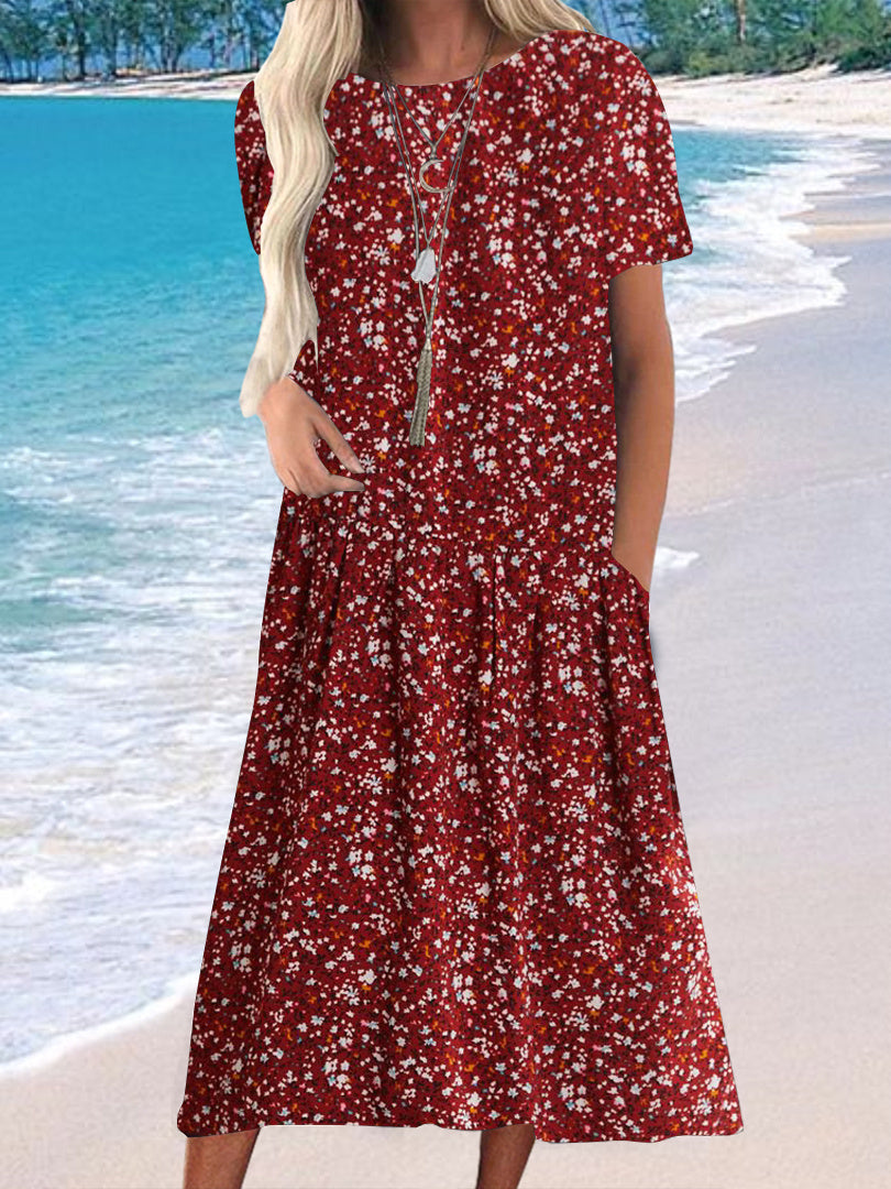 Women Half Sleeve V-neck Solid Color Dress