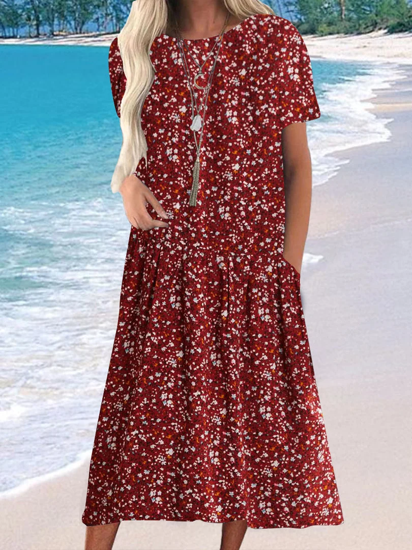 Women Half Sleeve V-neck Solid Color Dress