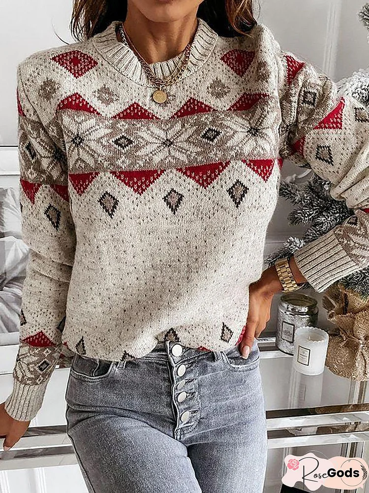 Casual Holiday Printed Long Sleeve Round Neck Sweater