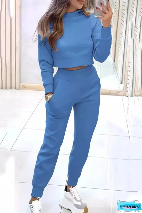 Solid Color Loose Long Sleeve Crop Top and Elastic Waist Pocket Casual Pants Set