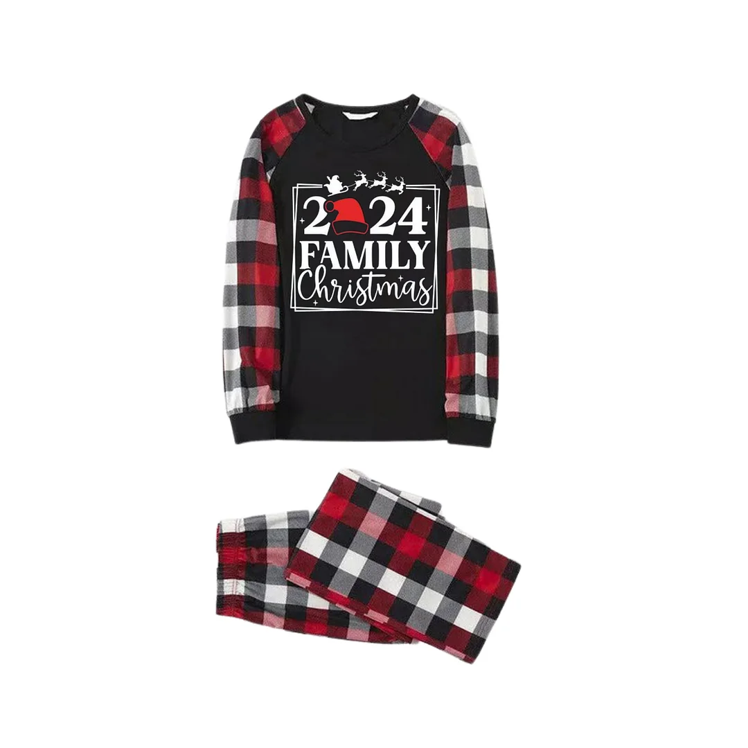 "2024 FAMILY CHRISTMAS " Text And Santa Hat Printed Pattern- Black Top with Red&Black&White Plaid Sleeves - Family Matching Pajamas