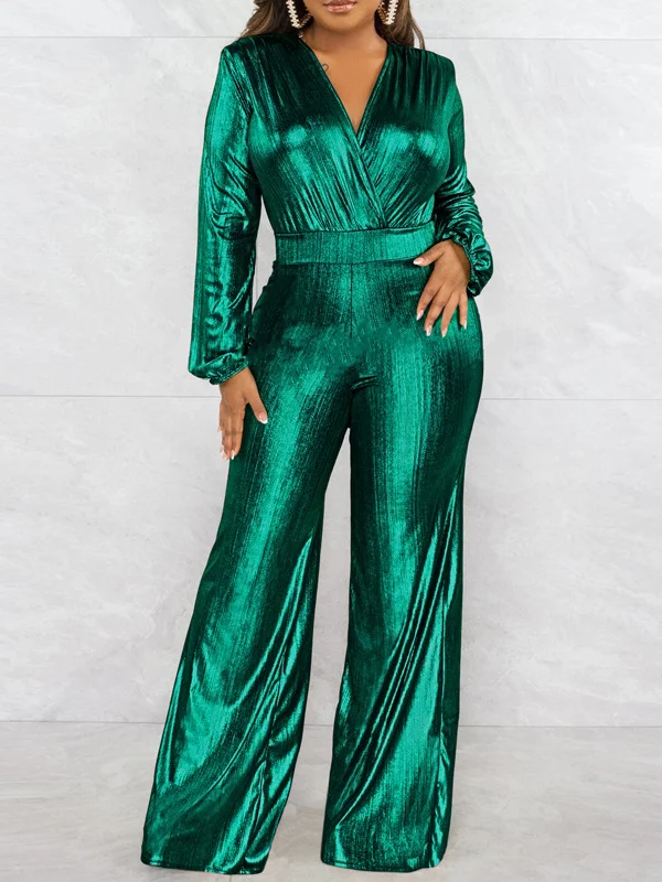 Solid Color Shiny Elasticity Wide Leg Puff Sleeves V-Neck Jumpsuits