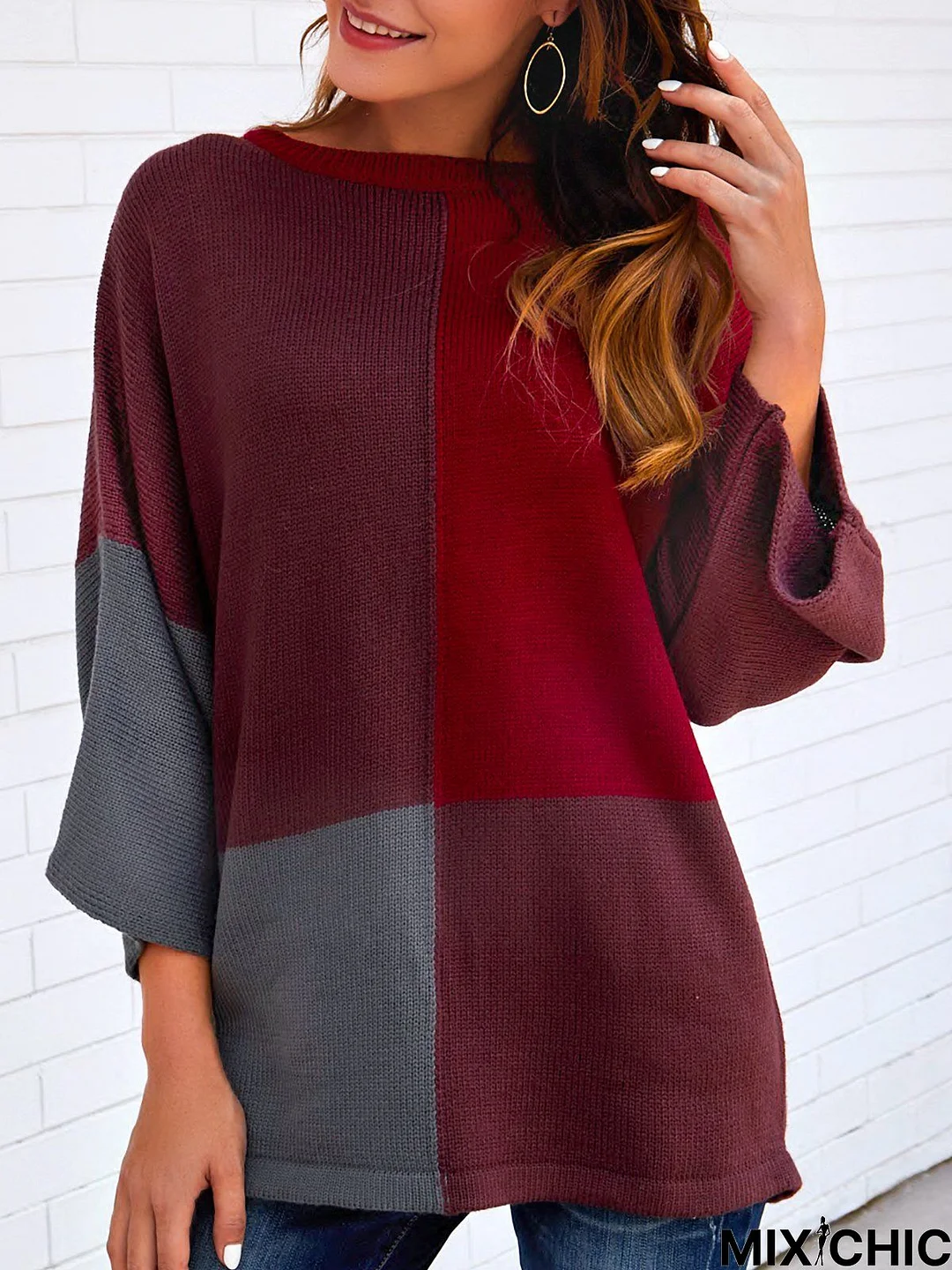 Red Casual Long Sleeve Solid Sweater