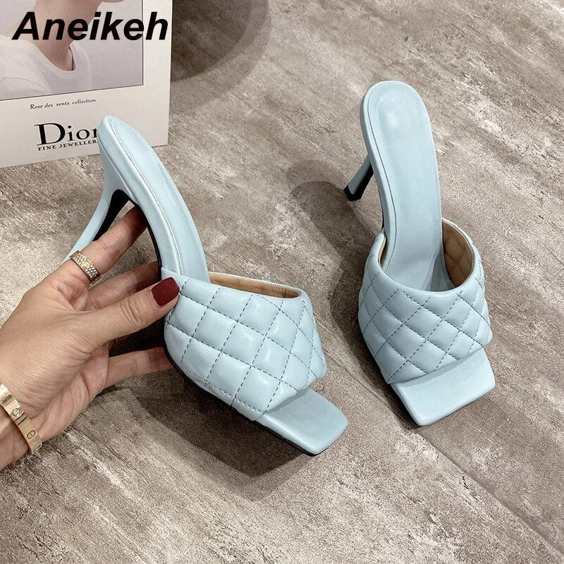 Aneikeh NEW Sexy PU Diamond Square Head Peep Toe Thin High Heels Slippers Summer Fashion Slip On Slides Women Mules Party Shoes