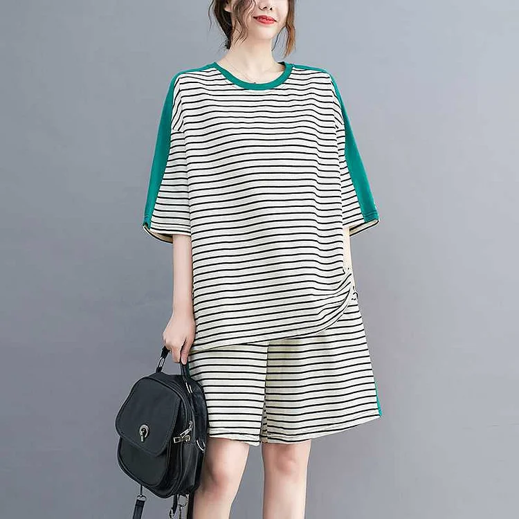 Classic Stripe Colorblock Short Sleeve Blouse and Shorts Set