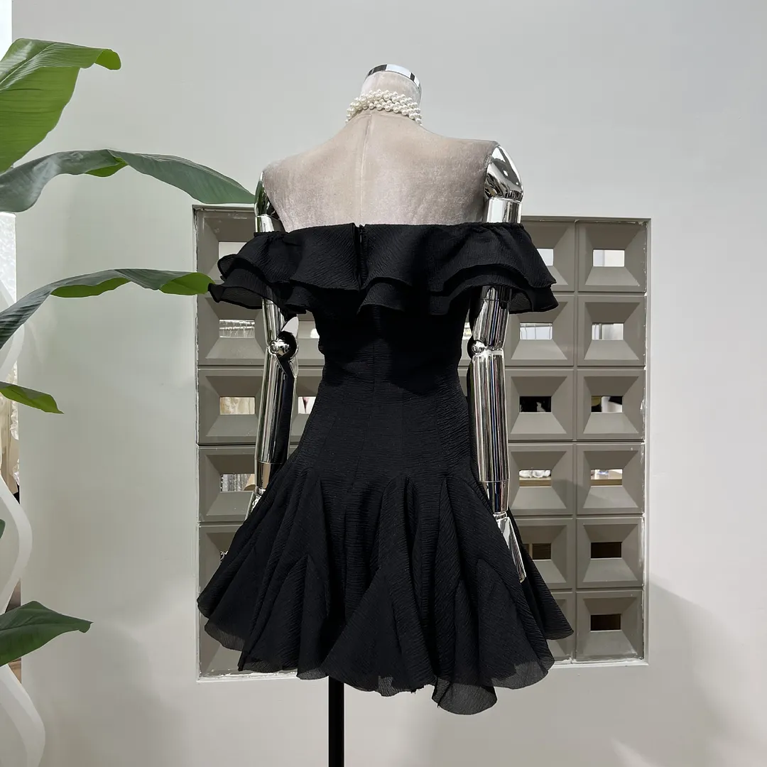 Brownm Gentle Lotus Leaf Petal Word Collar Solid Fairy Short Dress Waist Niche Hip Party Elegant Temperament