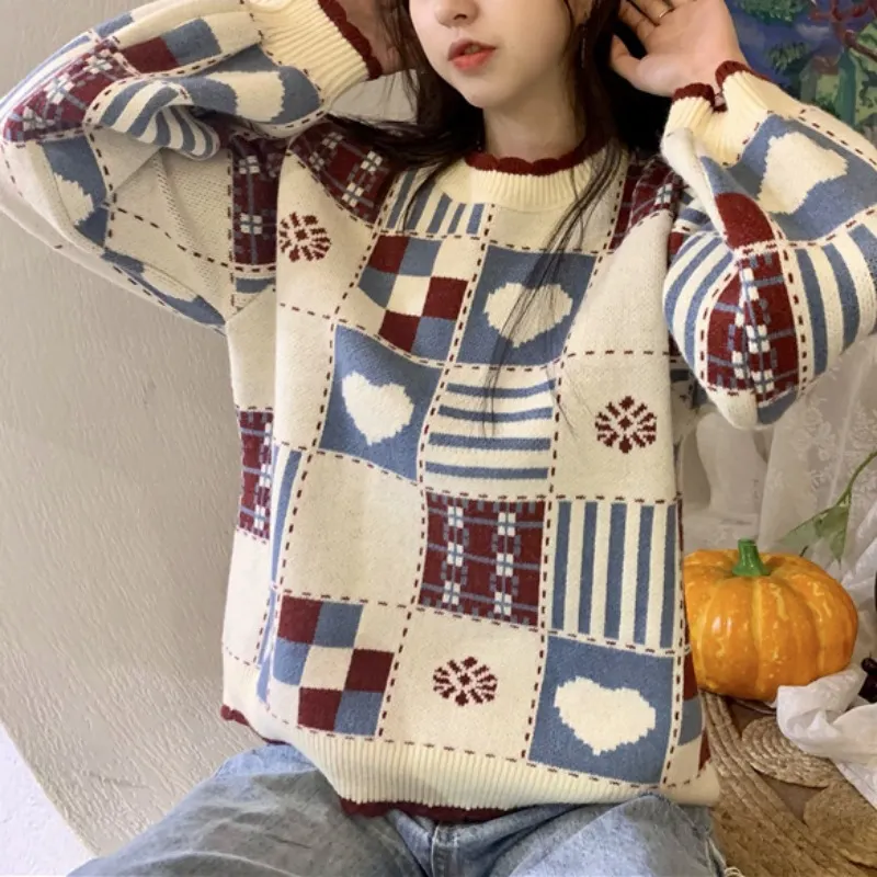 Churchf Churchf Sweater Adds Thick Splicing Love Sweater Female Loose Outside Wear Autumn Winter New Style Vintage Jacquard Casual Sweater