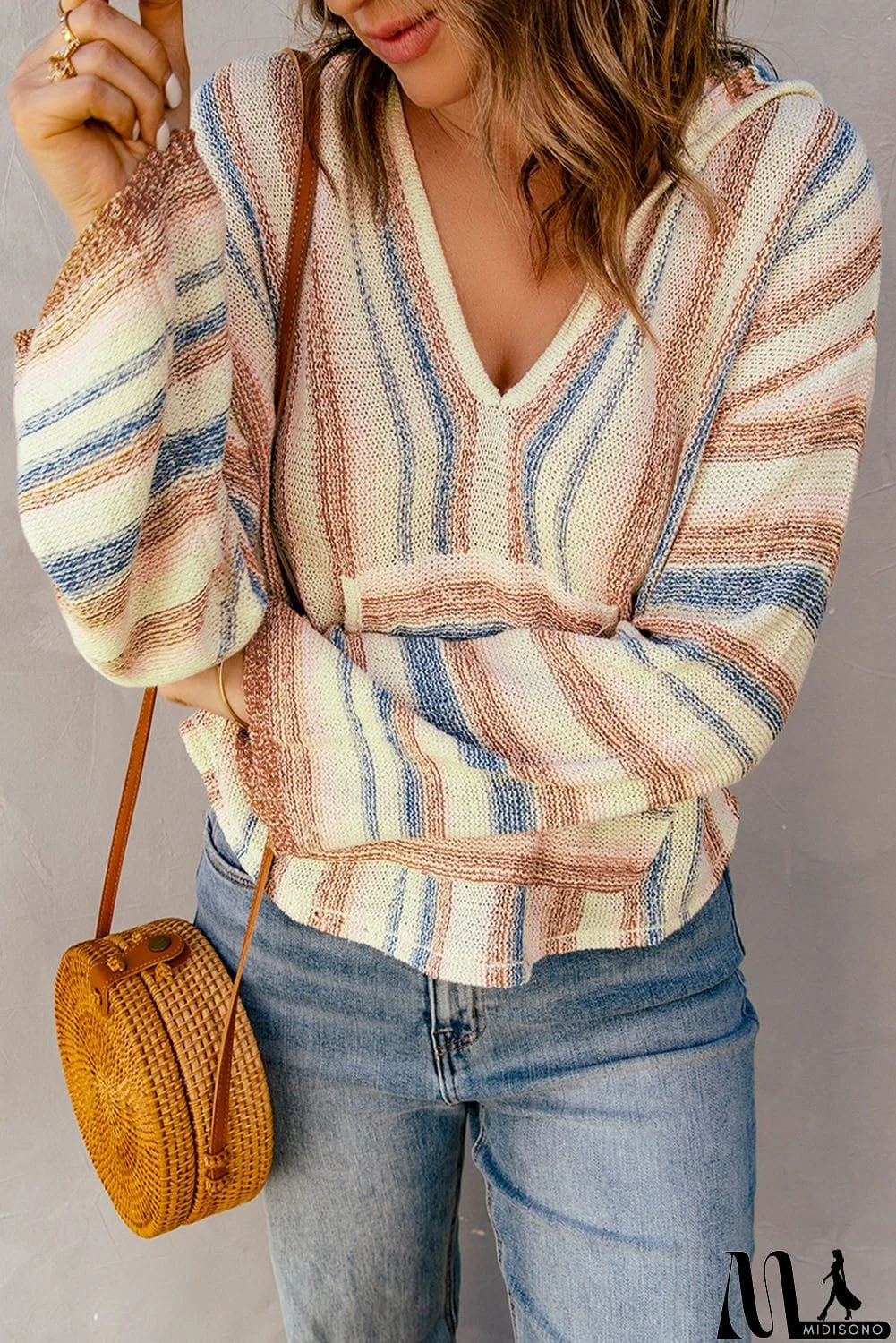 MidiSono - color Striped Knit Kangaroo Pocket Hooded Sweater