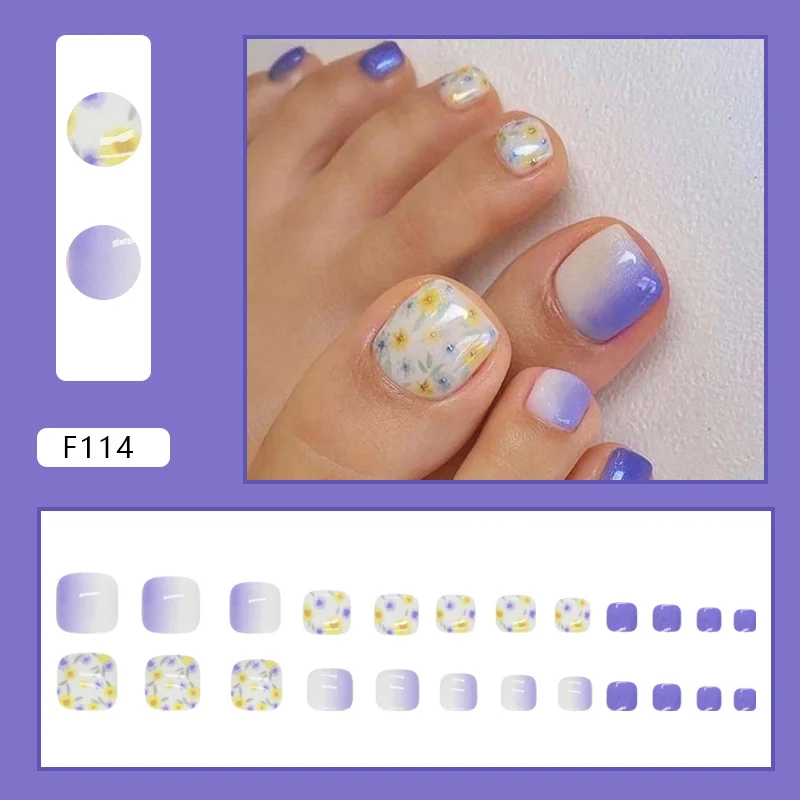 Churchf Churchf Cool Feeling Blue Purple Yellow Flower Nail Gradually Fairy Foot Wear Nail 24 Pieces