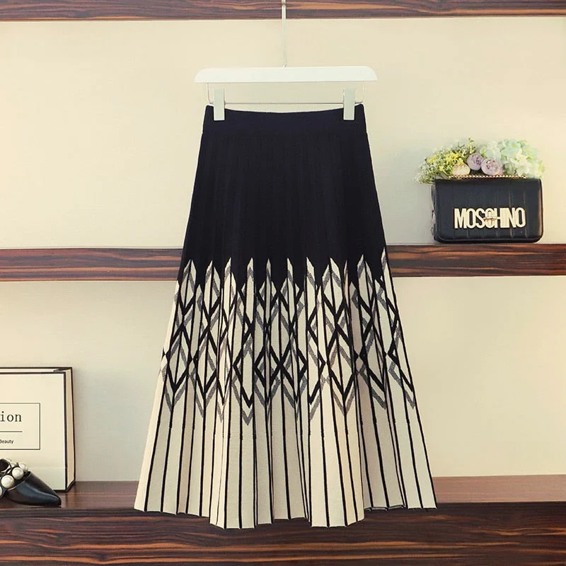 New 2021 Women Knitted Pleated Skirt Autumn Winter Color Patch High Waist Women Long Skirt Female Warm Ladies Maxi Midi Skirt