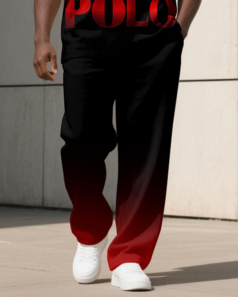 Men's Plus Size Red And Black Gradient Letter Print T-shirt Trousers Suit