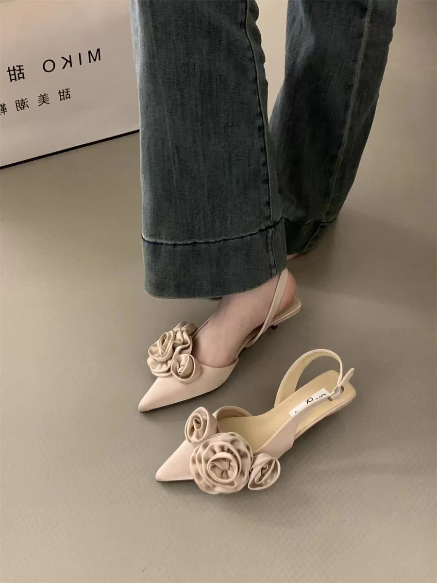 New Brand Women Sandal Fashion Flower Ladies Elegant Dress Slingback Shoes Thin Low Heel Dress Mules Pumps Aiertu