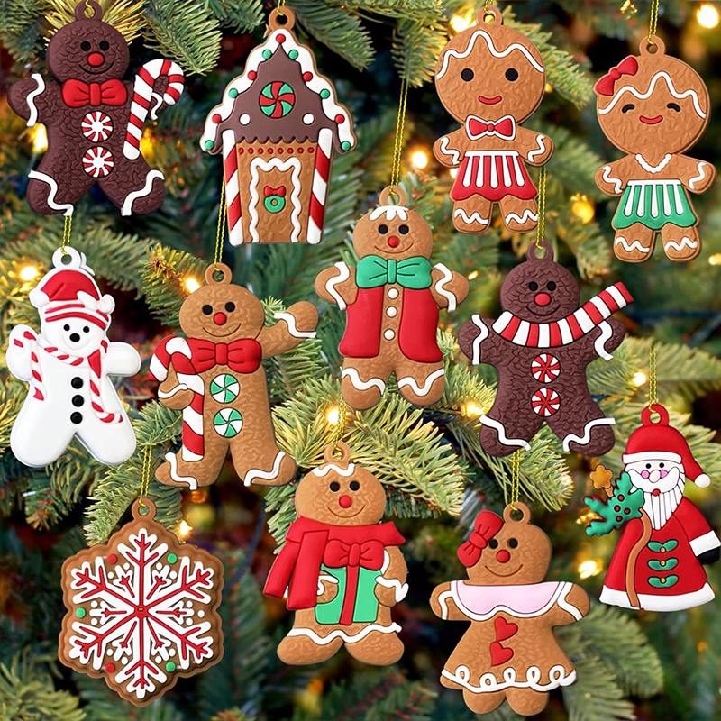 Tegooe 12PCS Gingerbread Man Christmas Character Hangings - PVC Ornament Set