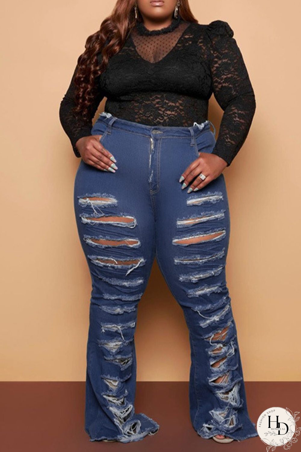 Baby Blue Casual Solid Ripped Plus Size Jeans