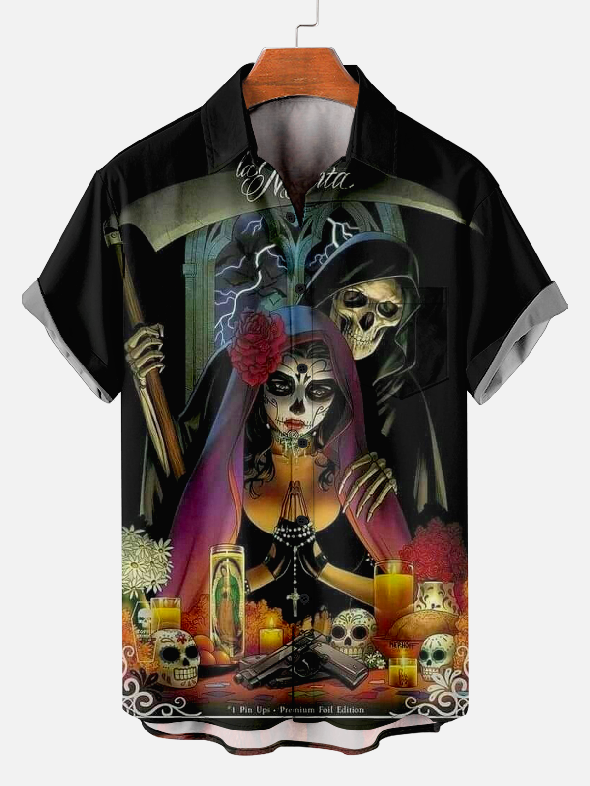 Men's Comfortable Vintage Day of the Dead Scythe Print Shirt PLUSCLOTHESMAN