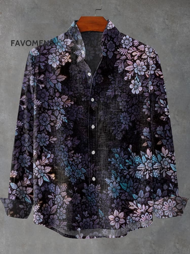 Dark Purple Floral Gradient Vintage Stripe Print 100% Cotton Long Sleeve Shirt Multicolor / S