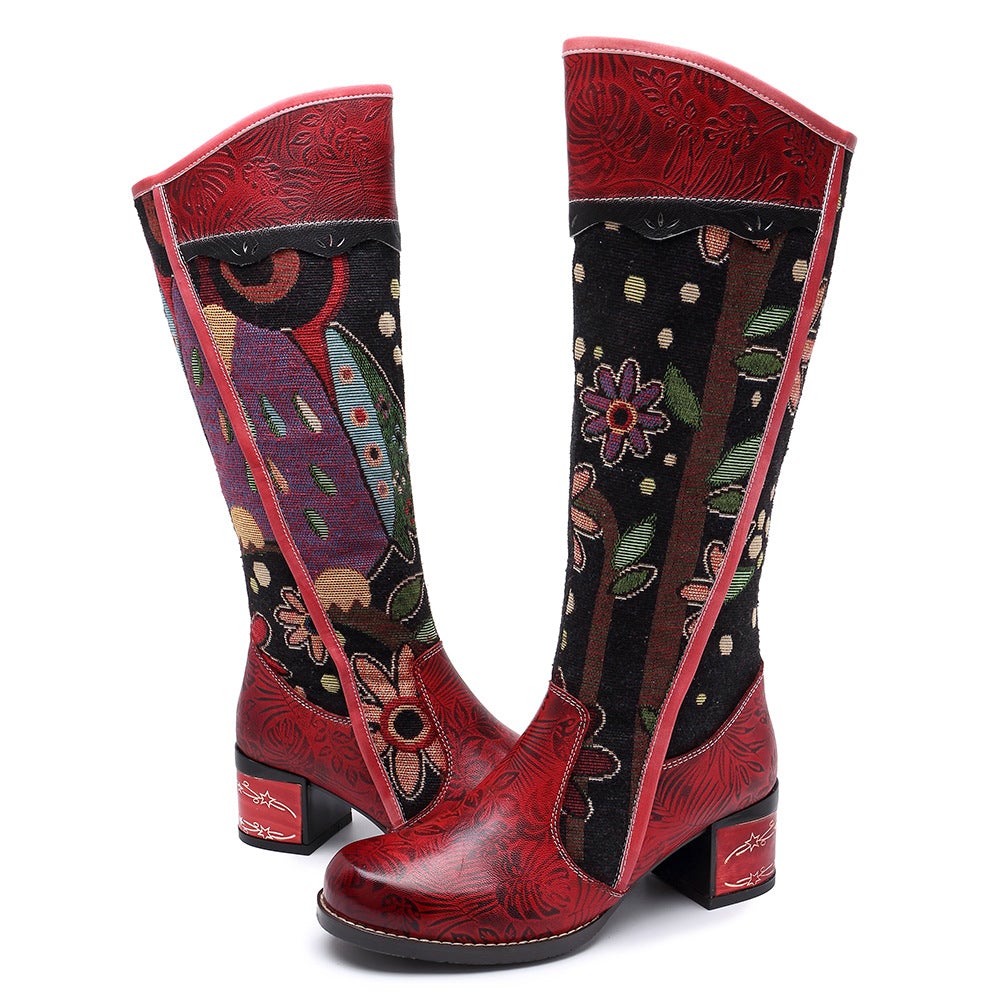 Women'sBohemian Leather Block Heel Long Boots Exotic Pattern
