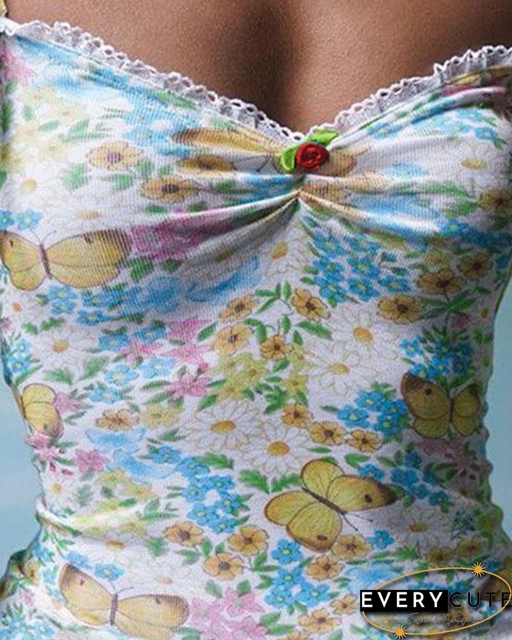 Butterfly Floral Print Tied Detail Frill Hem Dress