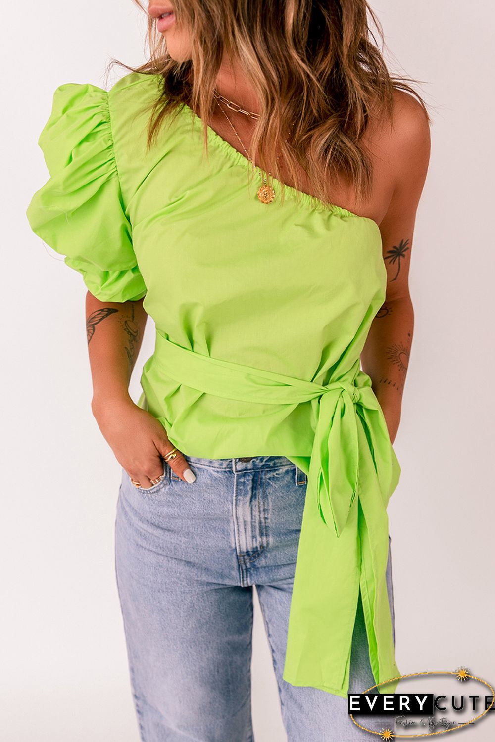 Lace-up Puff Sleeve One Shoulder Blouse
