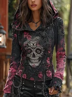 A Retro Women's Black-pink Gradient Hooded Top With Gothic Skull And Floral Elements Design For Halloween.