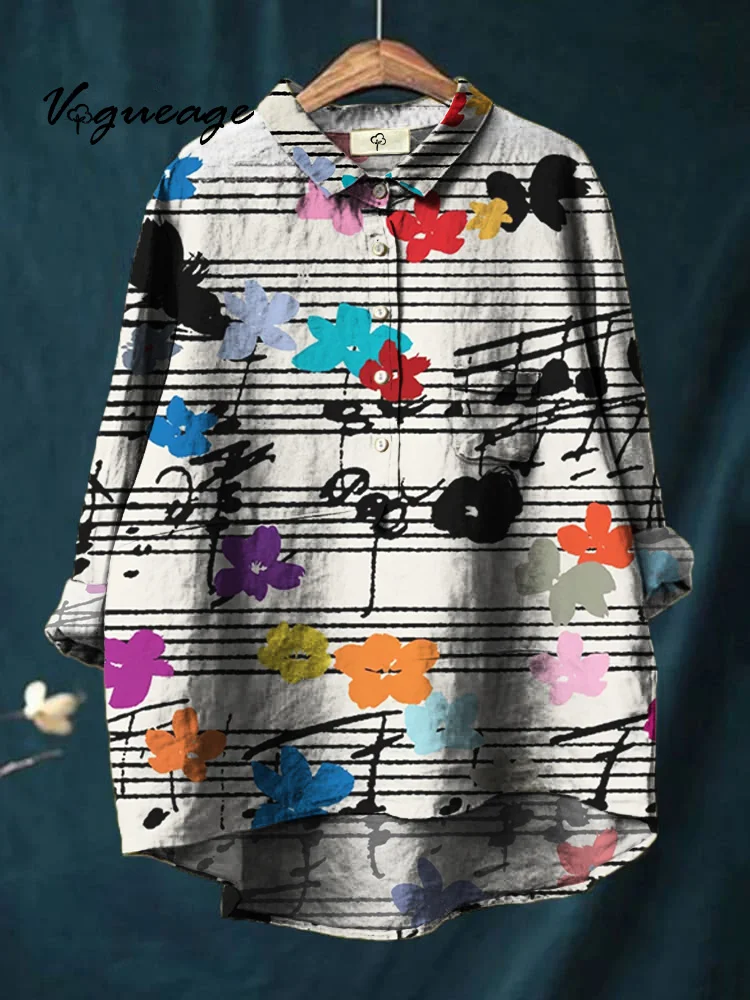 Fashion Hand-Painted Stave Flowers Print Cotton And Linen Shirt