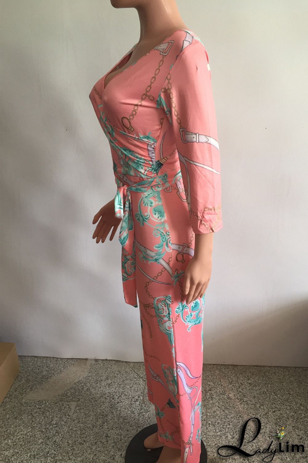 Tibetan Blue Fashion Casual Print Patchwork V Neck Regular Jumpsuits