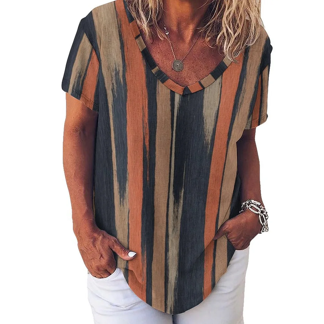 V-neck Short Sleeve Casual T-shirt for  Women Printed with Pattern Striped, Red, Black
