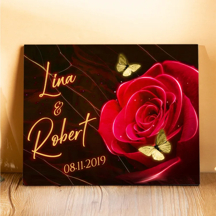 Lámina "rosa rojo" marco de madera para pareja 2 nombres personalizados con fecha