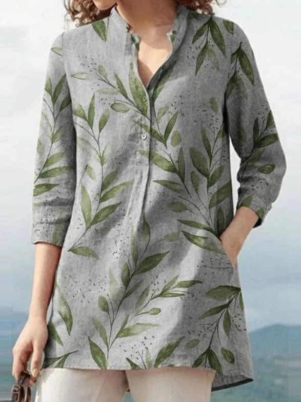 Cotton and Linen Leaf Print Blouse