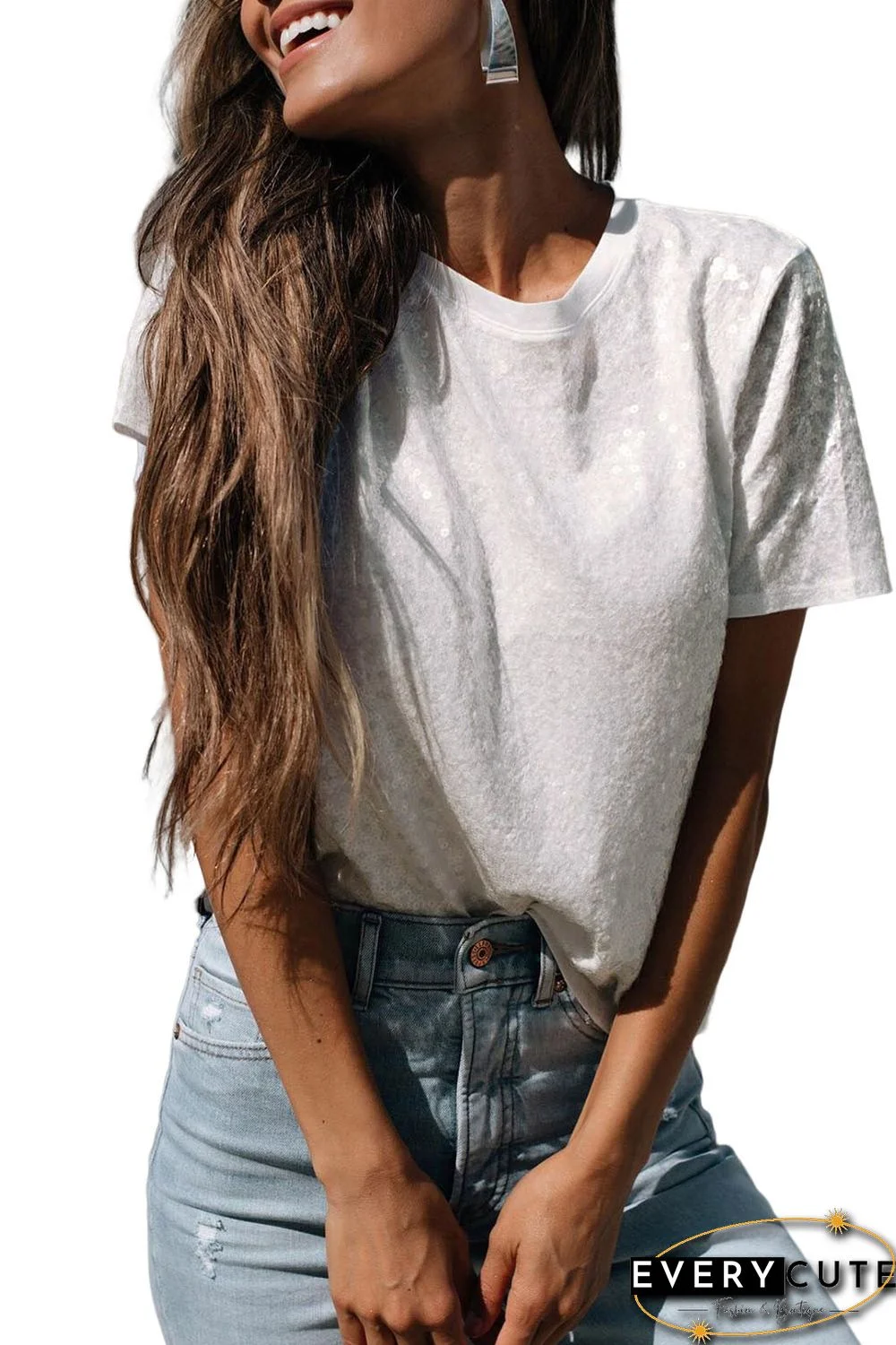 White Sequin Casual Short Sleeve T Shirt